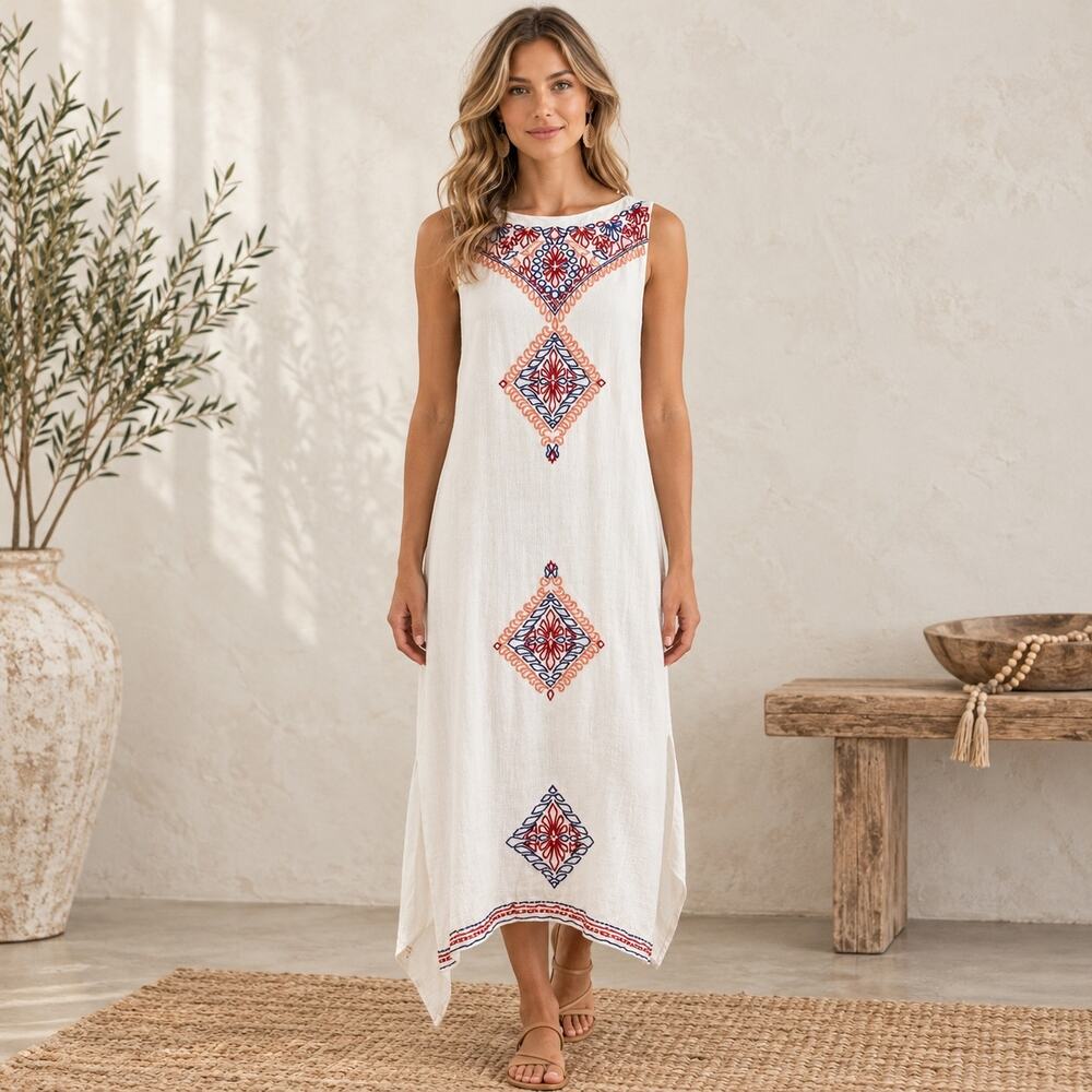 Kas New York Off White Multi color Embroidered Sleeveless Lagenlook Dress Medium